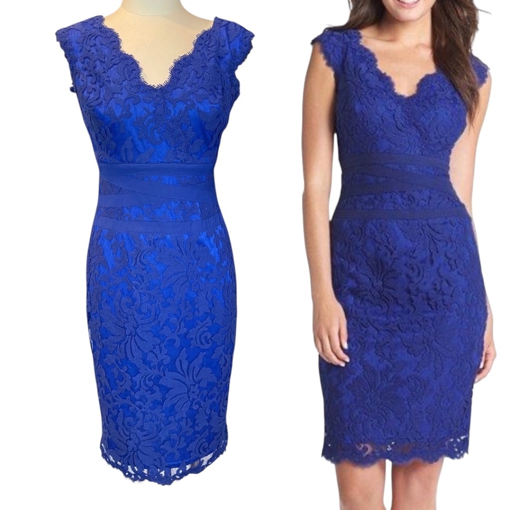 Tadashi Shoji Embroidered Lace V-Neck A-Line Dress in Marina Blue